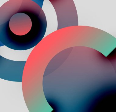 Üst üste binen daireler içeren soyut kompozisyon. Renkler harmanlanır, maviler, turkuazın salgıladığı görsel efektler. Minimalist tasarım.