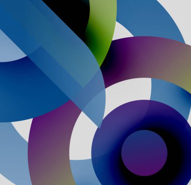 Soyut kompozisyon. Üst üste binen daireler dinamik görsel efekt yaratır. Renkler karışıyor, ilginç şekiller, gradyanlar oluşturuyor. Modern tasarım.