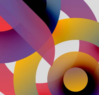 Soyut kompozisyon. Üst üste binen renkli çemberler dinamik görsel efekt yaratır. Gradyanlar, kıvrımlar, şekiller görüntüye hakim..