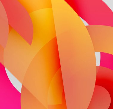 Soyut şekiller örtüşür, parlak turuncu, sarı ve pembe renkler yaratır. Yumuşak geçişler sıvı tasarımı tanımlar.