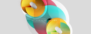 Soyut renkli şekiller örtüşür, dinamik görsel efekt yaratır. Beyaz alan modern tasarım elementleri için temiz arkaplan sağlar.