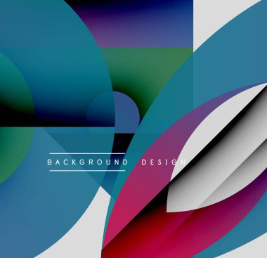 Soyut geometrik şekiller çakışıyor. Canlı renkler dinamik bileşim yaratır. Modern tasarım elementleri akıcılık ve derinlik öneriyor.