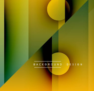 Soyut geometrik bileşim. Üst üste binen şekiller dinamik görsel efekt yaratır. Sarılar, yeşiller, siyahlar tasarıma hakim. Modern estetik.