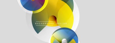 Soyut sıvı şekiller, canlı renkler, modern tasarım. Gradyan çemberler üst üste binerek dinamik bileşim oluşturuyor. Minimalist metin ögesi mevcut.