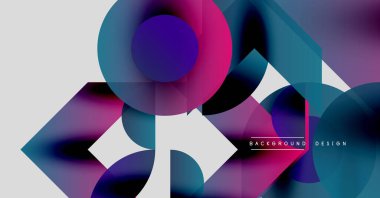 Soyut geometrik şekiller çakışıyor. Canlı mor, deniz mavisi, pembe renkler dinamik bileşim oluşturur. Modern tasarım elementleri parlak görsel deneyim sunar.