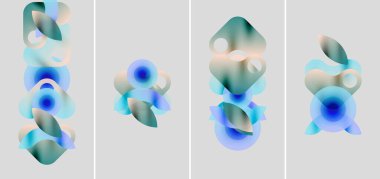 Soyut şekiller, mavi renkler, yumuşak eğimler. Dört panel, kompozisyonu biraz değişen benzer şekiller gösteriyor. Minimalist tasarım, sakinleştirici estetik.