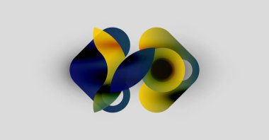 Soyut şekiller üst üste binerek sıvı formları oluşturur. Sarılar, maviler açık gri arka planda hafifçe harmanlanır. Modern tasarım, dinamik kompozisyon.