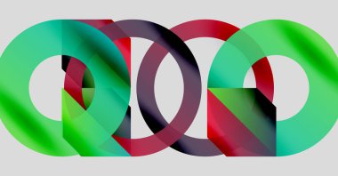 Birbirine kenetlenmiş renkli halkalar soyut tasarım yaratır. Gradyan gölgeler harmanlanır, dinamik görsel kompozisyon oluşturur. Modern, minimalist estetik.