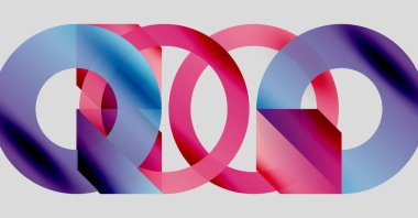 Soyut tasarım özellikleri üst üste binen renkli halkalar. Gradyan gölgeler dinamik görsel efekt yaratır. Modern, minimalist kompozisyon.