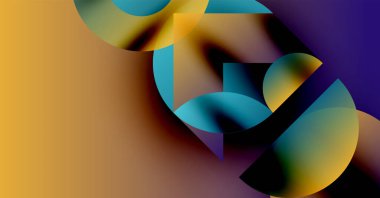 Üst üste binen renkli şekiller içeren soyut bir kompozisyon. Sıcak tonlar havalı mavilere zıt düşer ve dinamik görsel efekt yaratır. Minimalist tasarım.