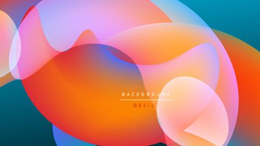 Soyut renkli şekiller örtüşüyor, canlı gradyanlar yaratıyor. Geçmişi karanlık, parlak formları vurguluyor. Modern tasarım ögesi.