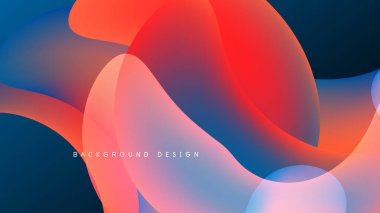 Soyut sıvı şekilleri örtüşür ve canlı renk değişimleri yaratır. Kırmızı, mavi, turuncu renkler koyu arkaplana hakim. Modern tasarım ögesi.