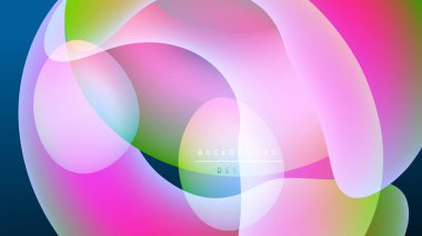 Soyut renkli şekiller örtüşüyor, canlı gradyanlar yaratıyor. Siyah arkaplan yarı saydam formları, modern tasarım ögesini vurgular.