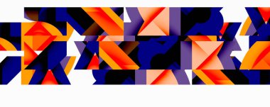 Soyut geometrik şekiller, üçgenler kompozisyona hakim. Turuncu, mor, siyah renkler dinamik görsel desen oluşturur. Modern tasarım.