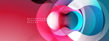 Soyut çemberler çakışıyor, canlı gradyanlar yaratıyor. Pembe, mavi, beyaz renkler kompozisyona hakim. Modern tasarım ögesi.