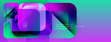 Soyut geometrik şekiller örtüşüyor, canlı renk eğimleri yaratıyor. Modern tasarım elementleri fütüristik estetik olduğunu gösteriyor. Arkaplanda deniz mavisi ve mor renkler var.