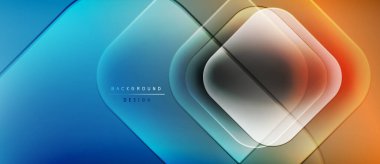 Soyut geometrik şekiller, canlı mavi turuncu gradyan. Modern tasarım, katmanlı kareler dinamik görsel efekt yaratır. Minimalist stil.