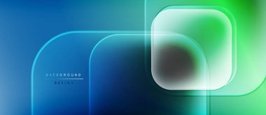 Soyut geometrik şekiller mavi ve yeşil renkleri harmanlarlar. Minimalist tasarım yuvarlak dikdörtgenler, gradyanlar, metin arkaplan tasarımı içerir. Modern estetik.