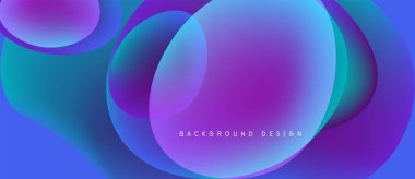 Soyut sıvı şekilleri örtüşür, parlak mavi ve mor renkler yaratır. Modern tasarım hareketi, enerjiyi, pürüzsüz geçişleri çağrıştırıyor.