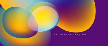 Soyut renkli şekiller örtüşüyor, canlı gradyanlar yaratıyor. Mor arka plan sarı ve turuncu renkleri tamamlıyor. Modern tasarım ögesi.