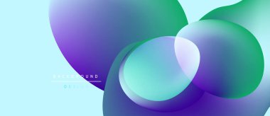 Soyut sıvı şekilleri örtüşür ve canlı renk değişimleri yaratır. Açık mavi arkaplan, mor ve yeşil renkleri tamamlar. Modern tasarım ögesi.