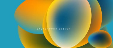 Soyut sıvı şekilleri örtüşür ve canlı renk değişimleri yaratır. Mavi, turuncu, sarı renkler tasarımda baskın. Modern estetik.