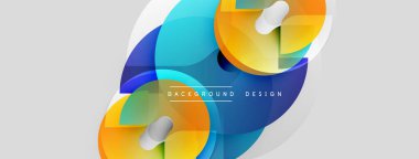 Soyut tasarım özellikleri üst üste binen renkli şekiller, gradyanlar, düz eğriler. Modern estetik, ışık arka planı görsel ilgi yaratıyor.