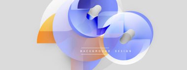 Soyut şekiller örtüşür, dinamik bileşim yaratır. Mavi, turuncu renkler tasarımda baskın. Minimum metin mevcut, temiz estetik.