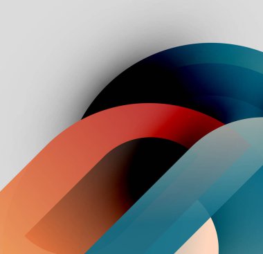 Soyut şekiller örtüşüyor, canlı renk değişimleri yaratıyor. Düz kıvrımlar hareketi, derinliği gösterir. Minimalist tasarım, modern estetik.