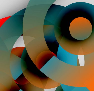 Soyut kompozisyon. Üst üste binen daireler, kıvrımlar dinamik görsel efekt yaratır. Sıcak, serin tonlar karışıyor, karmaşık desenler oluşturuyor. Modern tasarım.