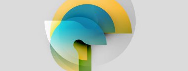 Soyut şekiller örtüşür, yumuşak eğimler yaratır. Renkler harmanlanmış, sarı, yeşil, açık gri arkaplan. Minimalist tasarım akıcılığı çağrıştırıyor.