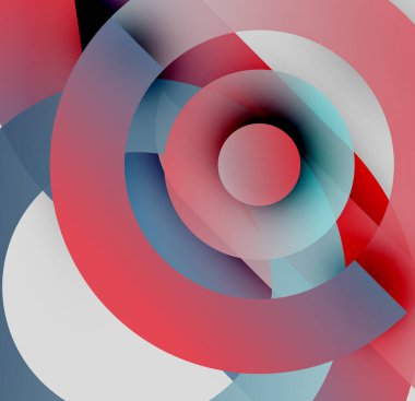 Soyut tasarım eşmerkezli daireler, canlı kırmızılar, maviler, beyazlar içerir. Üst üste binen şekiller dinamik görsel efekt yaratır. Modern, minimalist.