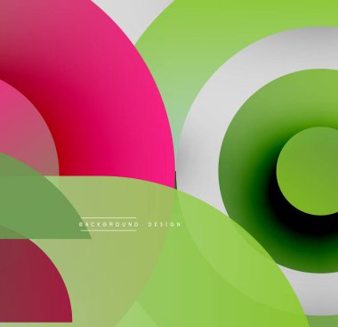 Soyut tasarım özellikleri üst üste binen daireler, gradyanlar. Pembe, yeşil, beyaz renkler modern görsel efektler yaratır. Basit, temiz kompozisyon.