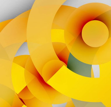 Soyut kompozisyon. Üst üste binen daireler, sıcak renkler baskın gelir. Sarılar, portakallar dinamik görsel efekt yaratır. Modern tasarım, mevcut gradyanlar.