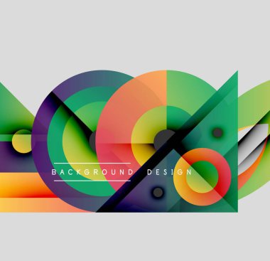Soyut canlı tasarım, üst üste binen daireler, üçgenler, çizgiler. Renkler sorunsuz bir şekilde harmanlanarak dinamik görsel efekt yaratır. Modern kompozisyon.