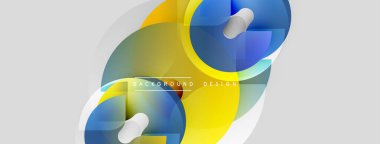 Soyut şekiller örtüşür, dinamik bileşim yaratır. Sarı, mavi renkler nötr arkaplana hakim. Modern tasarım ögesi.