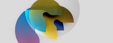 Soyut renkli şekiller çakışıyor ve sıvı formlar yaratıyor. Renkler karışıyor, hareket, ışık, derinlik öneriyor. Minimalist tasarım, modern estetik.