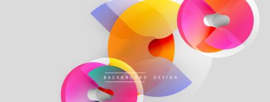 Soyut renkli şekiller örtüşür, dinamik bileşim yaratır. Yumuşak eğimler, daireler, dikdörtgenler modern tasarım elementlerini sunar. Arkaplan açık gri.