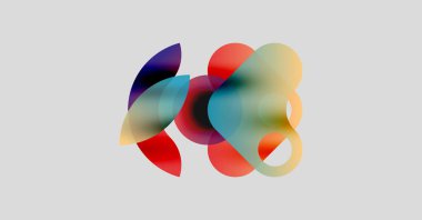 Soyut renkli şekiller örtüşüyor ve canlı bir görsel etki yaratıyor. Yumuşak eğimler karışıp, dinamik bileşim oluşturur. Işık arkaplanı formları geliştirir.