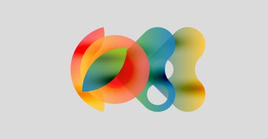 Soyut renkli şekiller örtüşüyor, canlı gradyanlar yaratıyor. Yumuşak renkler harmanlanır, ışık arka planında sıvı dizaynı oluşturulur.