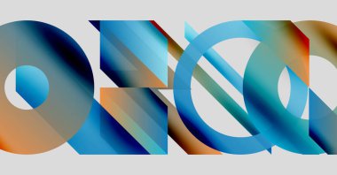 Soyut geometrik şekiller çakışıyor, renkli gradyanlar yaratıyor. Mavi, turuncu renkler kompozisyona hakim. Modern tasarım elemanları.