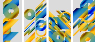 Soyut sanat eserleri. Dört panelde parlak mavi, sarı şekiller var. Geometrik formlar dinamik bileşim oluşturur. Modern tasarım.