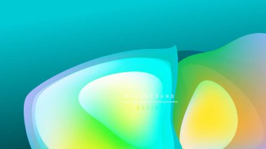 Soyut sıvı şekilleri canlı renkleri harmanlar. Turkuazdan sarıya geçişler, dinamik görsel etki yaratıyor. Geçmişi karanlık, parlak formları vurguluyor..