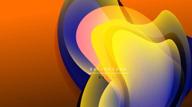 Soyut sıvı şekilleri örtüşür, parlak turuncu, sarı, pembe, mavi renkler yaratır. Koyu arkaplan renkli tasarım elemanlarını vurgular.