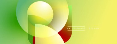 Soyut geometrik şekiller örtüşür, canlı gradyanlar yaratır. Sarı, yeşil, kırmızı renkler tasarımda baskın. Modern, temiz estetik.