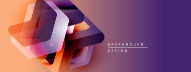 Soyut geometrik şekiller örtüşür, canlı bir değişim etkisi yaratır. Turuncu, mor renkler tasarıma egemen, modern estetik.