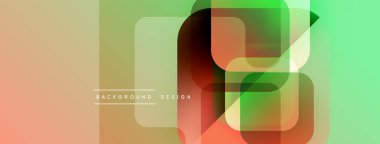Soyut geometrik şekiller örtüşür, canlı bir gradyan arkaplan oluşturur. Turuncu, yeşil renkler kompozisyona hakim. Modern tasarım ögesi.