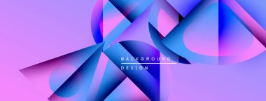 Soyut geometrik şekiller örtüşüyor, canlı mor ve mavi renkler yaratıyor. Modern tasarım teknoloji, yenilik, dinamik hareket öneriyor.