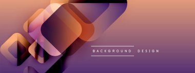 Soyut geometrik şekiller örtüşür, dinamik gradyan arkaplan oluşturur. Mor, turuncu renkler kompozisyona hakim. Modern tasarım ögesi.