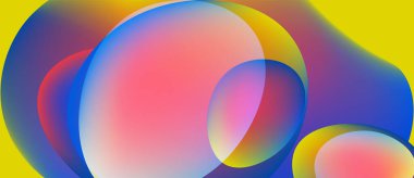 Soyut renkli çemberler sarı arkaplanla örtüşüyor. Pürüzsüz gradyanlar canlı görsel efektler yaratır. Modern tasarım, akışkan şekiller.